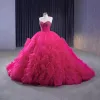 High-end Fuchsia Beading Pearl Sequins Cascading Ruffles Prom Dresses 2023 Ball Gown Strapless Corset Sleeveless Backless Chapel Train Prom Formal Dresses