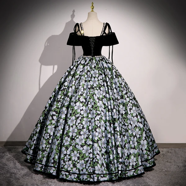 Chic / Beautiful Black Floral Prom Dresses 2023 Ball Gown Spaghetti Straps Rhinestone Short Sleeve Backless Floor-Length / Long Prom Formal Dresses