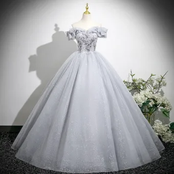 Chic Beautiful Silver Grey Appliques Beading Sequins Prom Dresses 2025 Ball Gown Off The Shoulder Short Sleeve Backless Floor Length Long Formal Dresses