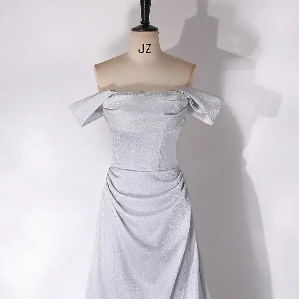 Sexy Grey Prom Dresses 2024 Trumpet / Mermaid Off-The-Shoulder Sleeveless Backless Floor-Length / Long Prom Formal Dresses