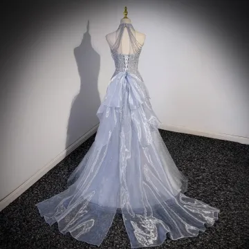 Scintillantes Argenté Perlage Paillettes Gland Robe De Soirée 2023 Princesse Titulaire Sans Manches Dos Nu Noeud Train De Balayage Soirée Robe De Ceremonie