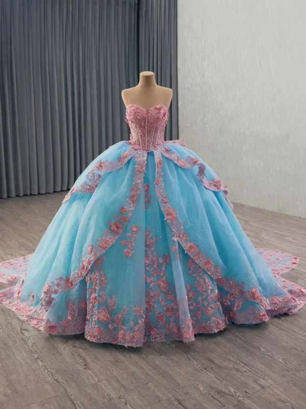 Flower Fairy Pool Blue Pearl Lace Flower Appliques Prom Dresses 2025 Ball Gown Off-The-Shoulder Short Sleeve Backless Bow Royal Train Formal Dresses