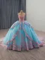 Flower Fairy Pool Blue Pearl Lace Flower Appliques Prom Dresses 2025 Ball Gown Off-The-Shoulder Short Sleeve Backless Bow Royal Train Formal Dresses