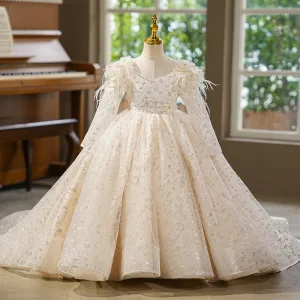 Élégant Ivoire Perle Paillettes Gland Anniversaire Robe Ceremonie Fille 2025 Robe Boule Encolure Carrée Manches Longues Dos Nu Train De Balayage