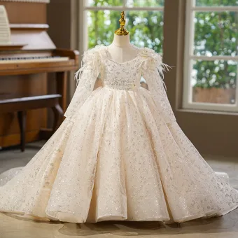 Elegante Ivory Creme Perle Pailletten Quaste Geburtstag Blumenmädchenkleider 2025 Ballkleid Eckiger Ausschnitt Lange Ärmel Rückenfreies Sweep Pinsel Zug