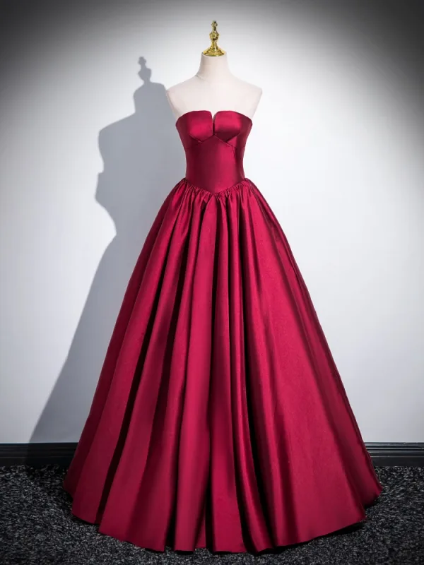 Elegant Burgundy Prom Dresses Satin 2024 Ball Gown Strapless Removable sleeves Backless Floor-Length / Long Prom Formal Dresses
