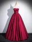 Elegant Burgundy Prom Dresses Satin 2024 Ball Gown Strapless Removable sleeves Backless Floor-Length / Long Prom Formal Dresses