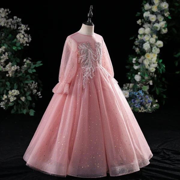 Chic / Beautiful Candy Pink Evening Party Flower Girl Dresses 2022 Ball Gown Scoop Neck Beading Pearl Lace Flower Sequins Long Sleeve Floor-Length / Long Flower Girl Dresses