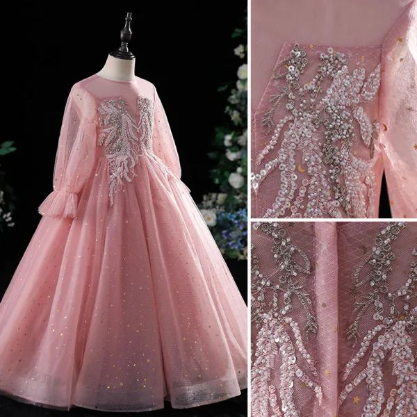 Chic / Beautiful Candy Pink Evening Party Flower Girl Dresses 2022 Ball Gown Scoop Neck Beading Pearl Lace Flower Sequins Long Sleeve Floor-Length / Long Flower Girl Dresses