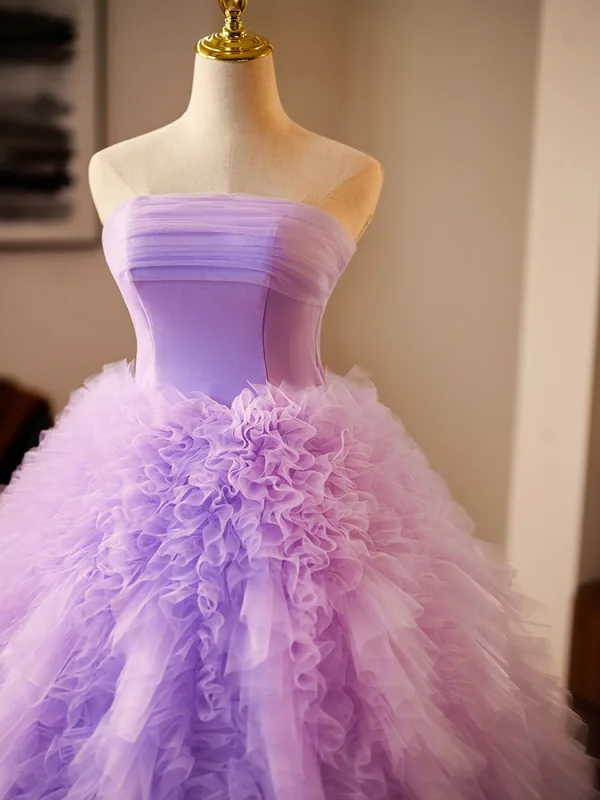 Chic / Beautiful Lavender Cascading Ruffles Prom Dresses 2024 Ball Gown Strapless Sleeveless Backless Floor-Length / Long Prom Formal Dresses
