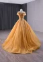 Elegant Gold Beading Sequins Prom Dresses 2024 Ball Gown Off-The-Shoulder Sleeveless Backless Sweep Train Prom Formal Dresses