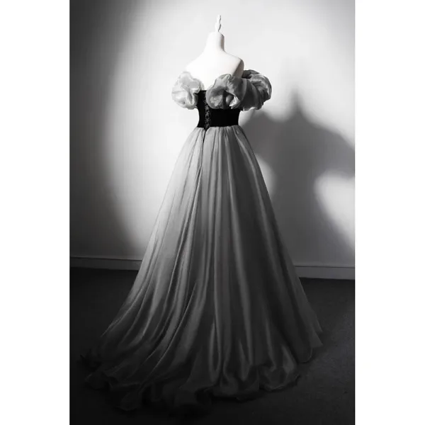 Chic / Beautiful Black Prom Dresses 2023 A-Line / Princess Ruffle Off-The-Shoulder Sleeveless Backless Floor-Length / Long Prom Formal Dresses
