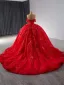 Haut de Gamme Rouge Perlage Perle Paillettes En Dentelle Fleur Appliques Robe De Bal 2024 Robe Boule De l'épaule Sans Manches Dos Nu Chapel Train Promo
