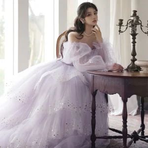 Chic Beautiful Lavender Ruffle Sequins Prom Dresses 2022 A Line Princess Off The Shoulder Puffy Long Sleeve Backless Floor Length Long Prom Formal Dresses