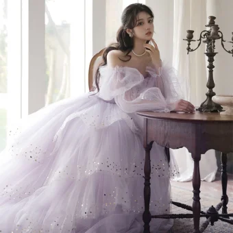Chic Beautiful Lavender Ruffle Sequins Prom Dresses 2022 A Line Princess Off The Shoulder Puffy Long Sleeve Backless Floor Length Long Prom Formal Dresses