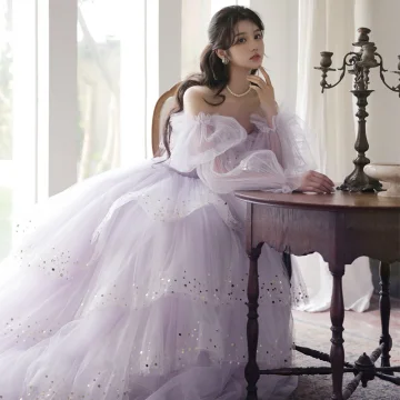 Chic Beautiful Lavender Ruffle Sequins Prom Dresses 2022 A Line Princess Off The Shoulder Puffy Long Sleeve Backless Floor Length Long Prom Formal Dresses