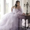 Chic / Beautiful Lavender Ruffle Sequins Prom Dresses 2022 A-Line / Princess Off-The-Shoulder Puffy Long Sleeve Backless Floor-Length / Long Prom Formal Dresses
