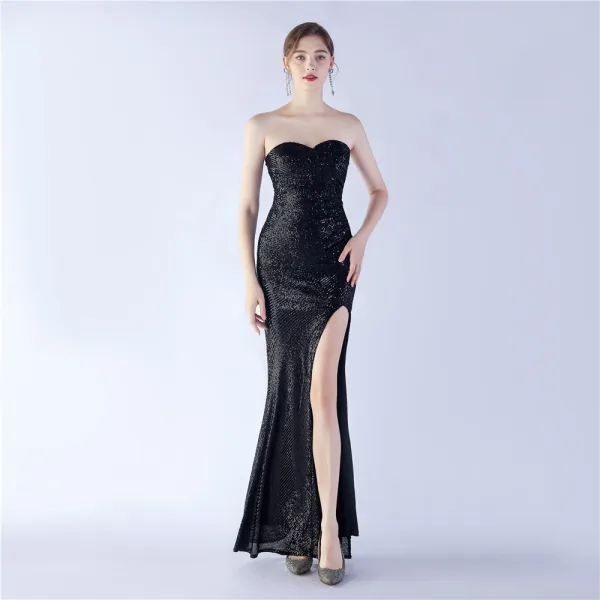 Sexy Argenté Paillettes Fendue devant Robe De Soirée 2024 Trompette / Sirène Bustier Sans Manches Dos Nu Longue Soirée Robe De Ceremonie