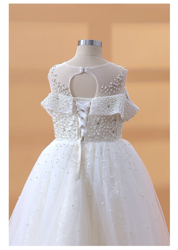 Chic / Beautiful White Beading Pearl Short Birthday Flower Girl Dresses 2024 Scoop Neck Backless Sleeveless