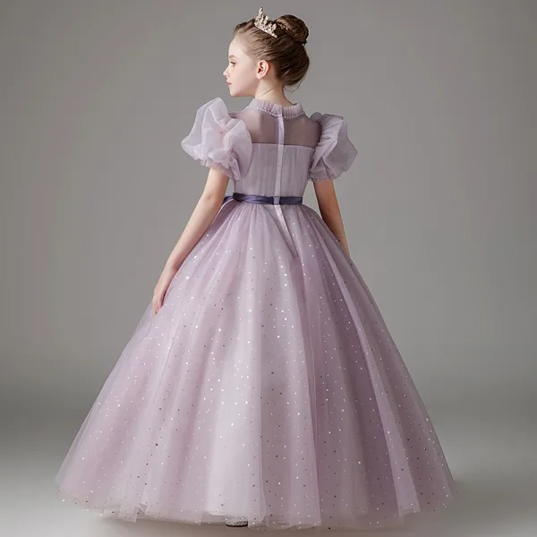 Chic / Beautiful Purple Rhinestone Sequins Bow Sash Birthday Flower Girl Dresses 2025 Ball Gown Scoop Neck Short Sleeve Floor-Length / Long Flower Girl Dresses
