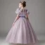 Chic / Beautiful Purple Rhinestone Sequins Bow Sash Birthday Flower Girl Dresses 2025 Ball Gown Scoop Neck Short Sleeve Floor-Length / Long Flower Girl Dresses