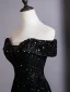 Dazzling Black Sequins Evening Dresses 2026 A-Line / Princess Off-The-Shoulder Short Sleeve Backless Sweep Train