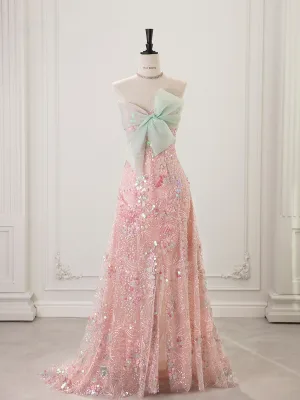 Sparkly Blushing Pink Sequins Bow Prom Dresses 2025 Trumpet Mermaid Strapless Sleeveless Backless Sweep Train Formal Dresses