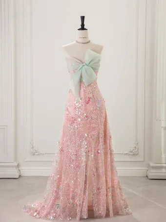 Scintillantes Rougissant Rose Paillettes Noeud Robe De Bal 2025 Trompette Sirène Bustier Sans Manches Dos Nu Train De Balayage Robe De Ceremonie