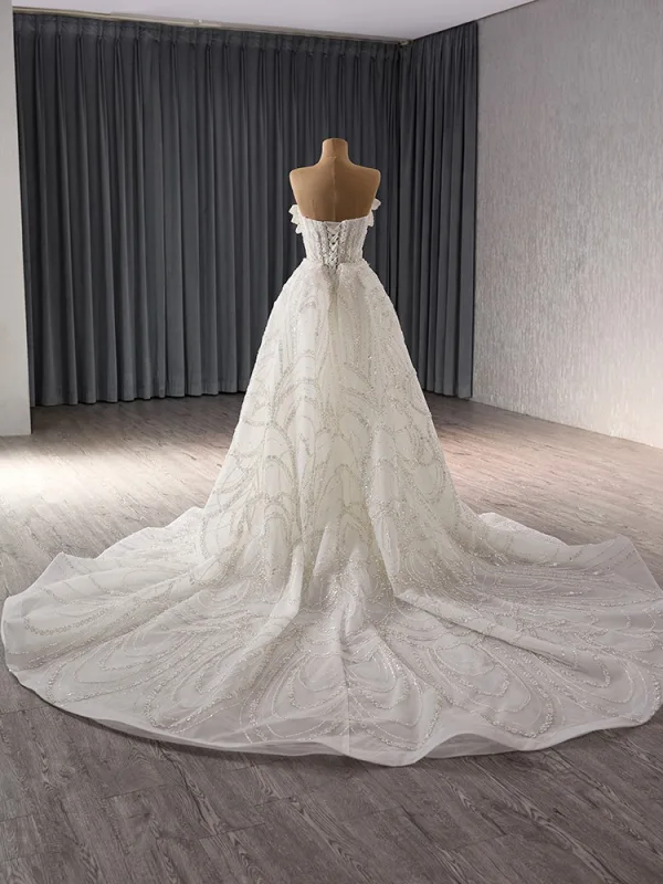 Luxury / Gorgeous White Handmade  Beading Sequins Pearl Flower Chapel Train Wedding Dresses 2024 Trumpet / Mermaid Strapless Sleeveless Backless Wedding