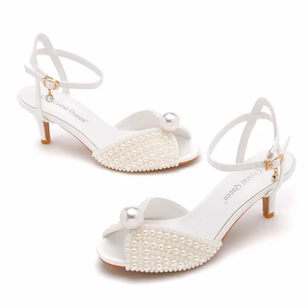 Charmant Blanche Perle Chaussure De Mariée 2023 6 cm Talons Aiguilles Bride Cheville Peep Toes / Bout Ouvert Mariage Sandales Talons Hauts