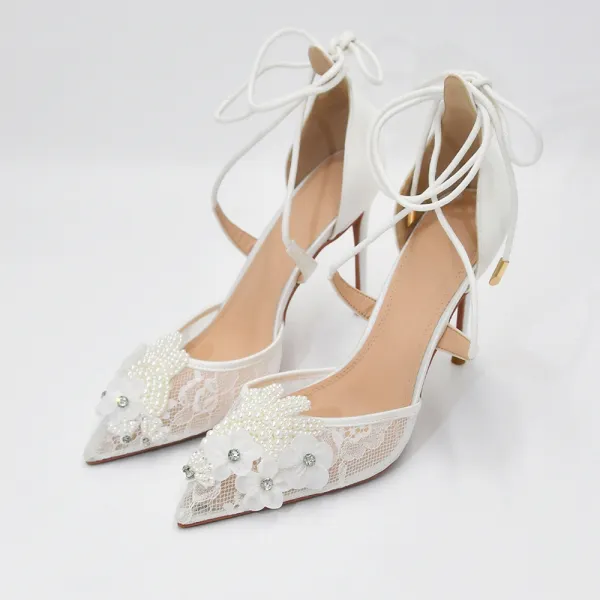 Elegant White Beading Pearl Rhinestone Lace Flower Wedding Shoes 2024 X-Strap 10 cm Stiletto Heels Pointed Toe Wedding Sandals High Heels