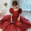 Fashion Burgundy Holiday Spotted Party Dresses 2023 A-Line / Princess Square Neckline Short Sleeve Backless Tea-length Formal Dresses