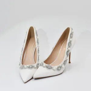 Elegante Witte Parel Rhinestone Bruidsschoenen 2022 Satijn 10 Cm Naaldhakken Stiletto Spitse Neus Huwelijk Pumps Hoge Hakken