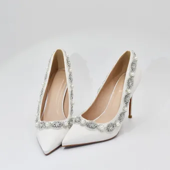 Elegante Witte Parel Rhinestone Bruidsschoenen 2022 Satijn 10 Cm Naaldhakken Stiletto Spitse Neus Huwelijk Pumps Hoge Hakken