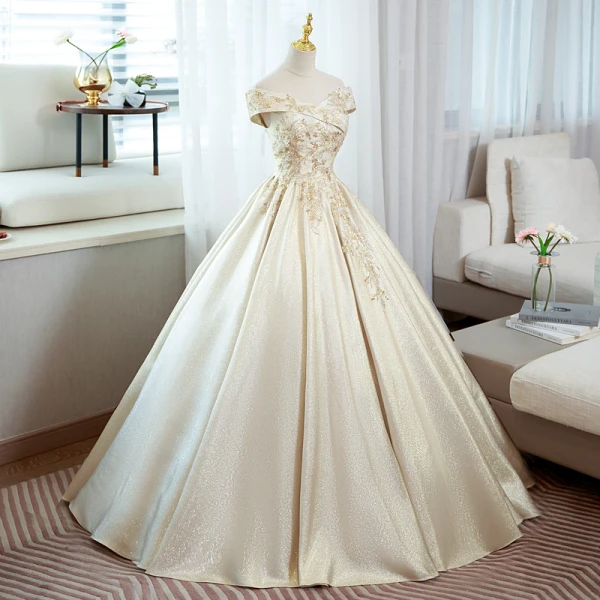 Elegant Champagne Prom Dresses 2022 Ball Gown Off-The-Shoulder Beading Sequins Sleeveless Backless Floor-Length / Long Prom Formal Dresses