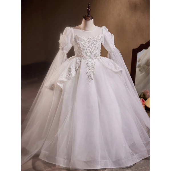 Chic / Beautiful White Beading Pearl Sequins Birthday Flower Girl Dresses 2023 Ball Gown Scoop Neck Long Sleeve Floor-Length / Long Flower Girl Dresses