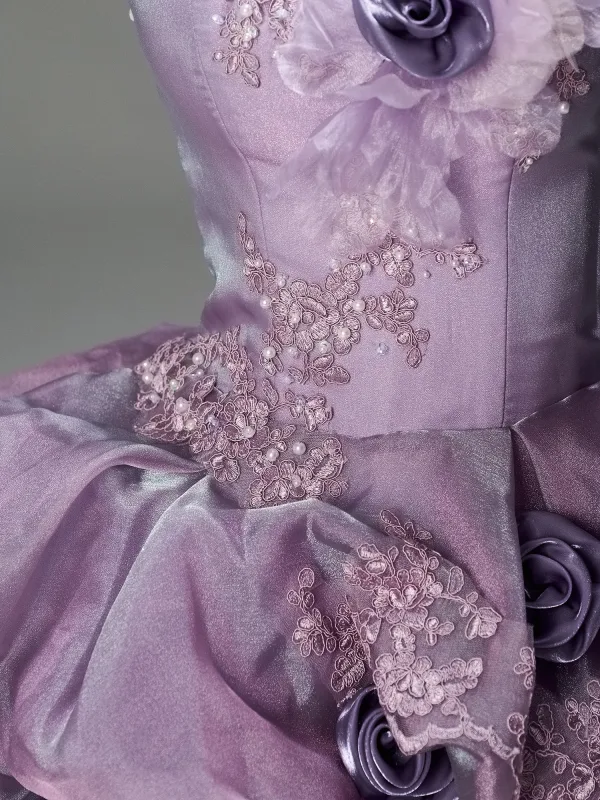 High-end Charming Purple Appliques Lace Flower Pearl Cascading Ruffles Prom Dresses 2025 Ball Gown Strapless Sleeveless Backless Sweep Train