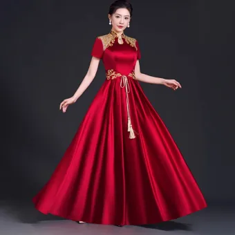 Style Chinois Bordeaux Satin En Dentelle Fleur Robe De Soirée 2023 Princesse Col Haut Manches Courtes Longue Soirée Robe De Ceremonie