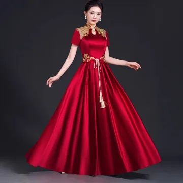 Style Chinois Bordeaux Satin En Dentelle Fleur Robe De Soirée 2023 Princesse Col Haut Manches Courtes Longue Soirée Robe De Ceremonie