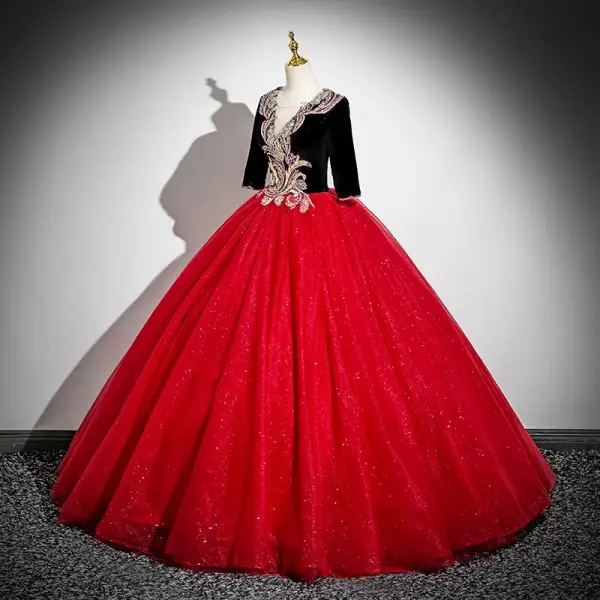 Vintage / Retro Burgundy Beading Sequins Prom Dresses 2025 Ball Gown V-Neck Short Sleeve Backless Floor-Length / Long Prom Formal Dresses