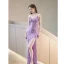 Sexy Lilas Perlage Faux Diamant Paillettes Gland Robe De Soirée 2023 Trompette / Sirène Bretelles Spaghetti Sans Manches Dos Nu Longue Soirée Fendue devant