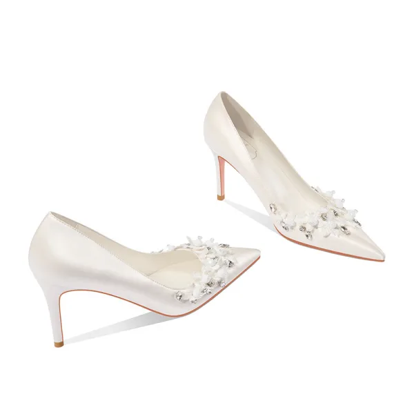 Elegant Ivory Leather Beading Rhinestone Wedding Shoes 2022 8 cm Stiletto Heels Pointed Toe Wedding Pumps High Heels