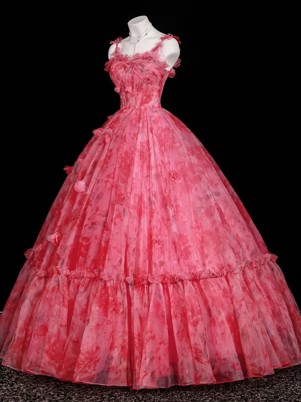 Fancy Candy Pink Floral Appliques Prom Dresses 2025 Ball Gown Spaghetti Straps Sleeveless Backless Floor-Length / Long Prom Formal Dresses