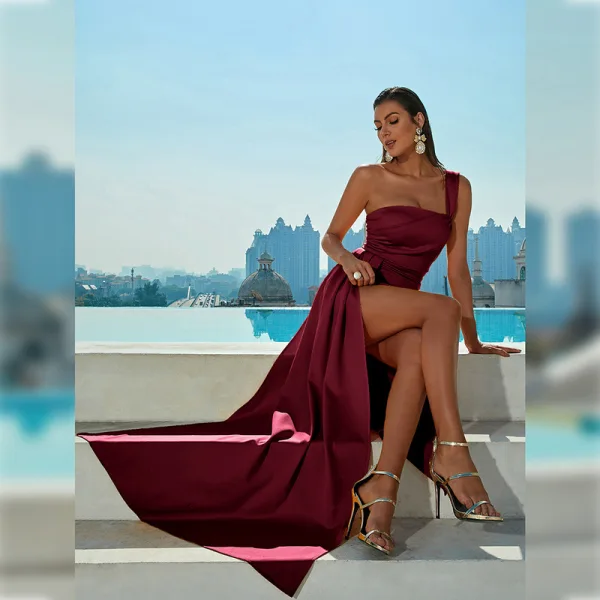 Fashion Yellow Holiday Split Front Evening Dresses 2022 Trumpet / Mermaid One-Shoulder Sleeveless Backless Floor-Length / Long Formal Dresses
