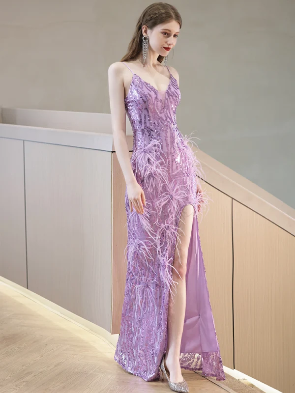 Sexy Lilas Perlage Faux Diamant Paillettes Gland Robe De Soirée 2023 Trompette / Sirène Bretelles Spaghetti Sans Manches Dos Nu Longue Soirée Fendue devant