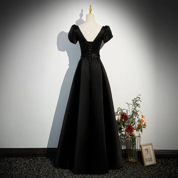 Elegant Black Satin Evening Dresses 2023 A-Line / Princess Square Neckline Short Sleeve Backless Floor-Length / Long Prom Formal Dresses