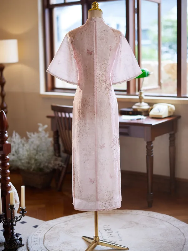 Chiński Styl Rumieniąc Różowy Druk Bal Cheongsam 2024 Syrena / Rozkloszowane Wysokiej Szyi Kótkie Rękawy Długość Herbaty