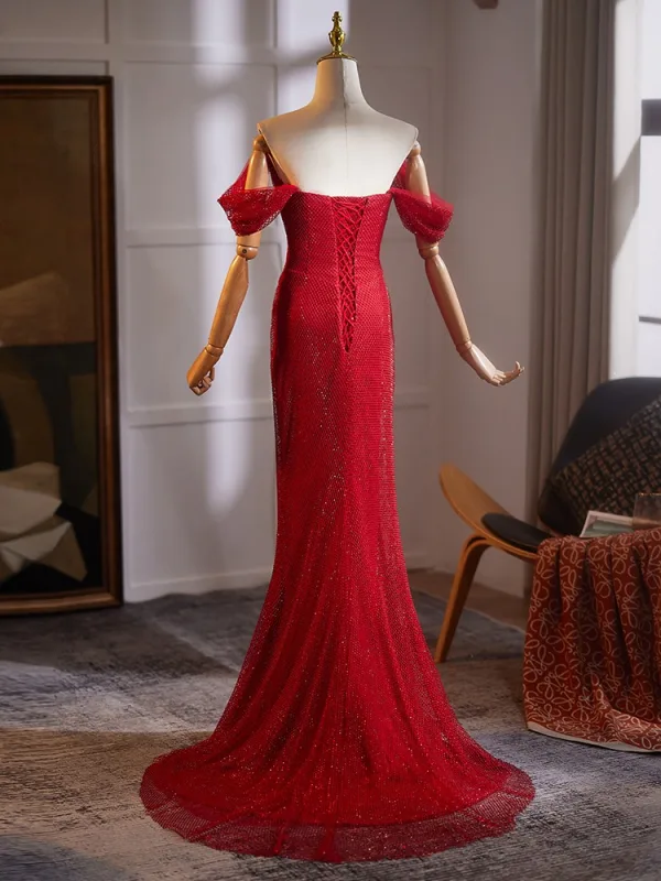 Unusual Red Evening Dresses 2025 Trumpet / Mermaid Off-The-Shoulder Short Sleeve Backless Court Train Evening Party Formal Dresses