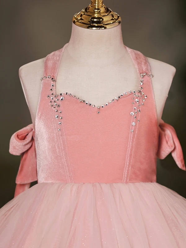 Lovely Candy Pink Rhinestone Glitter Birthday Flower Girl Dresses 2024 Ball Gown Square Neckline Sleeveless Backless Tea-length