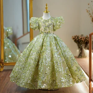 Bling Bling Vert Perlage Paillettes Anniversaire Robe Ceremonie Fille 2024 Robe Boule Encolure Dégagée Gonflée Manches Courtes Longue